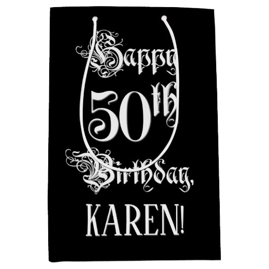 50番目の誕生日: ファンシー、スクリプエレガントト+名前をカスタムする ミディアムペーパーバッグ (正面)