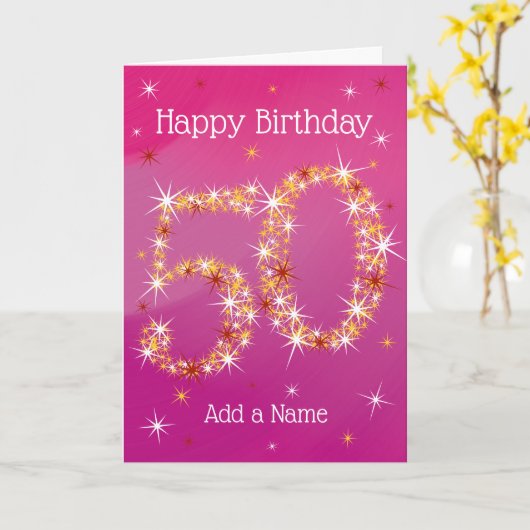 50番目の誕生日 – 星番号 – ピンク – 年齢50 カード (黄色い花)