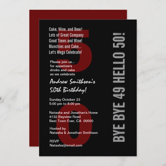 50番目の誕生日(白モダン)白い赤 招待状 (正面/裏面)