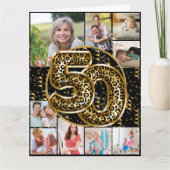 50番目の誕生日Leopard印刷金ゴールドバルーン写真 カード (正面)