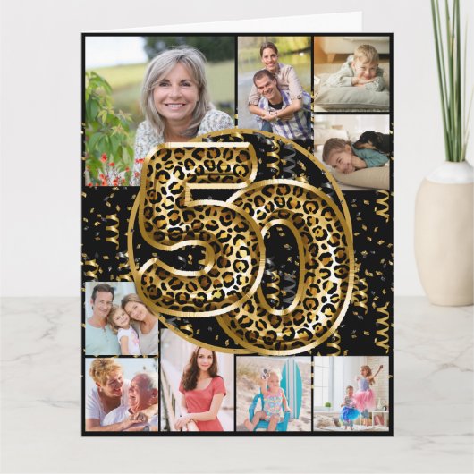 50番目の誕生日Leopard印刷金ゴールドバルーン写真 カード (正面)
