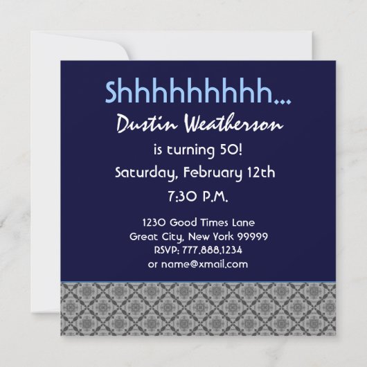 50番目の驚きのパーティーシルバー対角ジオメトリ 招待状 (裏面)