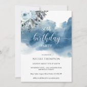 50番目またはその他の誕生日ブルーウォーター色(フローラ付き) 招待状 (正面)