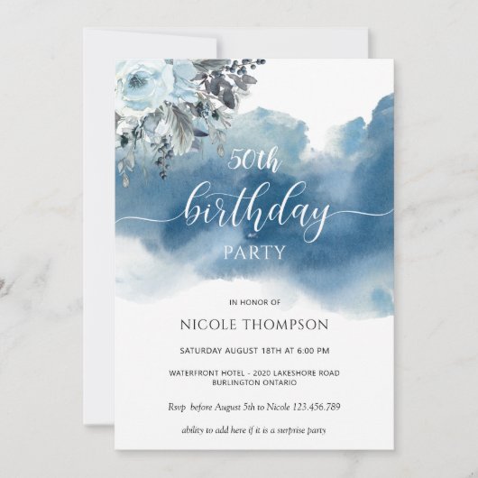 50番目またはその他の誕生日ブルーウォーター色(フローラ付き) 招待状 (正面)