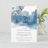 50番目またはその他の誕生日ブルーウォーター色(フローラ付き) 招待状 (スタンド正面)