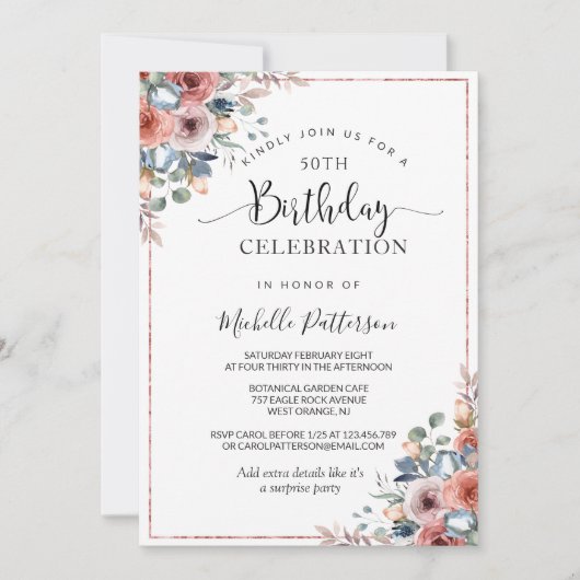50番目（または他）の誕生日ピンク金ゴールド、赤面フローラ 招待状 (正面)
