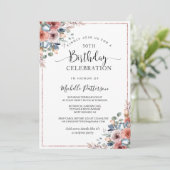 50番目（または他）の誕生日ピンク金ゴールド、赤面フローラ 招待状 (スタンド正面)