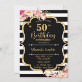 50白黒ストライプピンクフローラ誕生会 招待状 (正面)