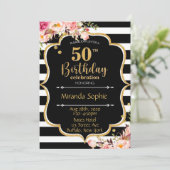 50白黒ストライプピンクフローラ誕生会 招待状 (スタンド正面)