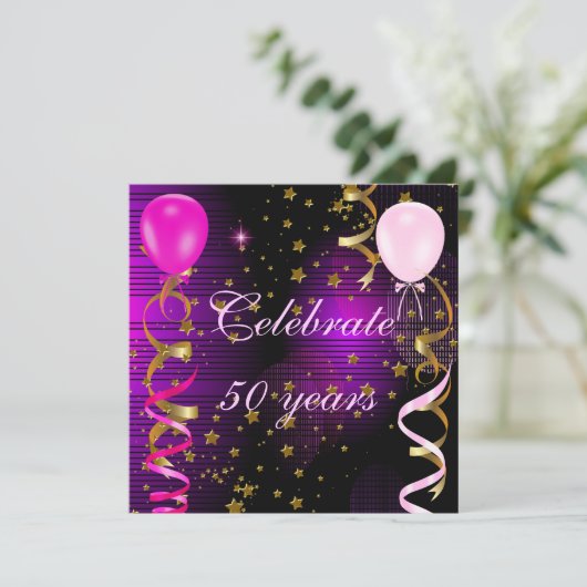 50祝歳50歳の誕生日パーティーピンクパープルスターズ 招待状 (スタンド正面)