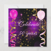 50祝歳50歳の誕生日パーティーピンクパープルスターズ 招待状 (正面)