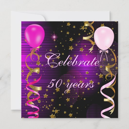 50祝歳50歳の誕生日パーティーピンクパープルスターズ 招待状 (正面)