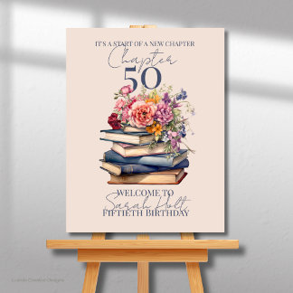 50章の誕生日 積まれた本と花 ポスター