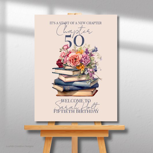 50章の誕生日 積まれた本と花 ポスター