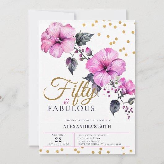 50素晴らしいはっきりしたハイビスカス熱帯50誕生日 招待状 (正面)
