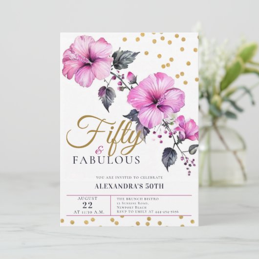 50素晴らしいはっきりしたハイビスカス熱帯50誕生日 招待状 (スタンド正面)