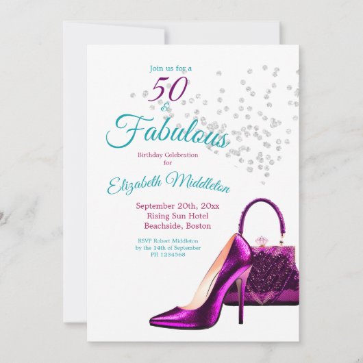 50素晴らしいエレガントグリッターシューズ誕生日 招待状 (正面)