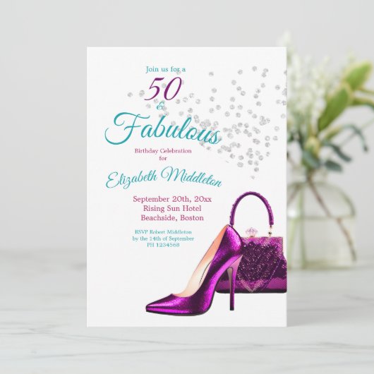 50素晴らしいエレガントグリッターシューズ誕生日 招待状 (スタンド正面)