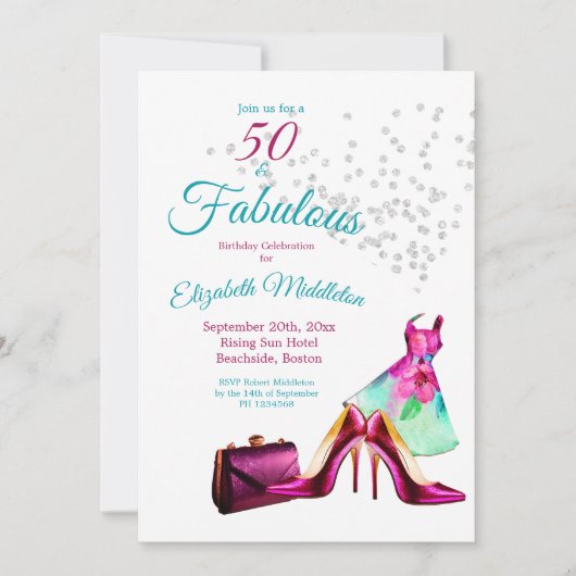 50素晴らしいエレガントグリッターフローラパープル誕生日 招待状 (正面)