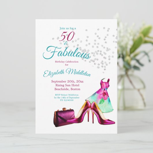 50素晴らしいエレガントグリッターフローラパープル誕生日 招待状 (スタンド正面)