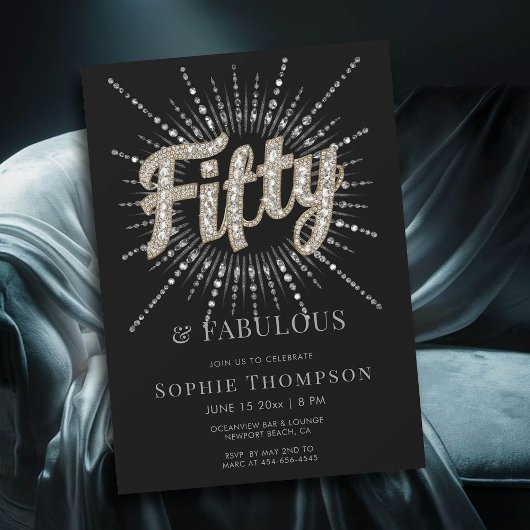 50素晴らしいグラムグリッターバーストブラック50誕生日 招待状