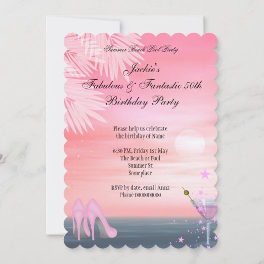 50素晴らしいサマーピンクカクテルヒールパーティー 招待状 (裏面)