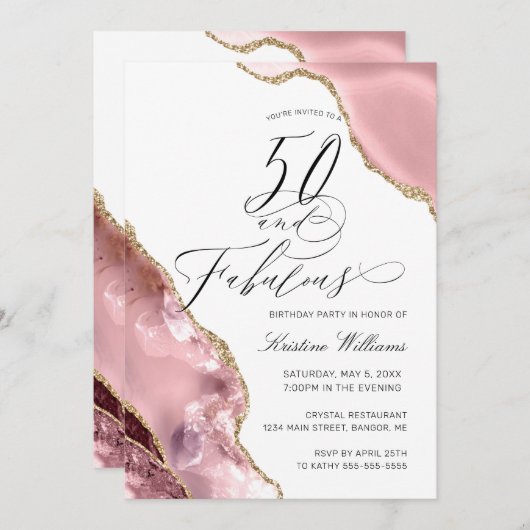 50素晴らしいバラ金ゴールドグリッターアゲイト誕生日パーティー 招待状 (正面/裏面)