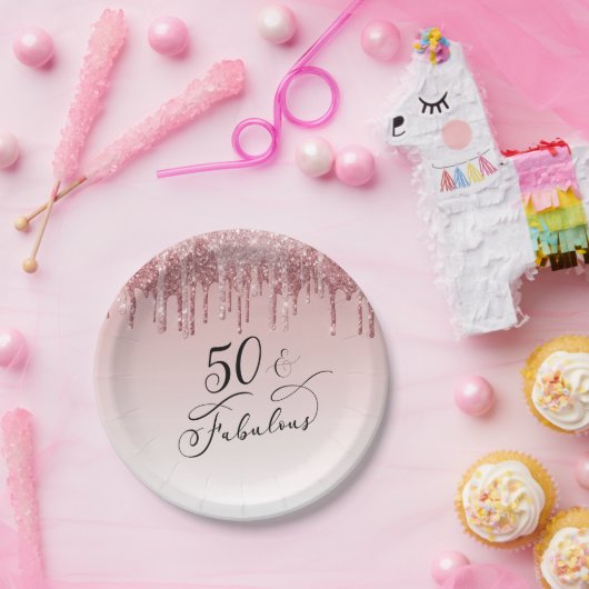 50素晴らしいバラ金ゴールドグリッターピンクバースデーパーティー ペーパープレート (パーティー)