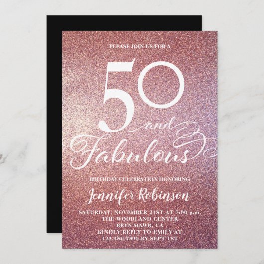 50素晴らしいバラ金ゴールドグリッター誕生日パーティーの招待 招待状 (正面/裏面)