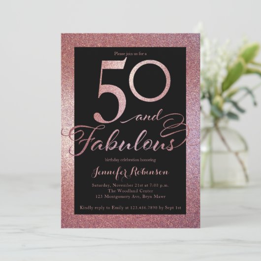 50素晴らしいバラ金ゴールドグリッター誕生日パーティーの招待 招待状 (スタンド正面)