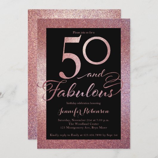 50素晴らしいバラ金ゴールドグリッター誕生日パーティーの招待 招待状 (正面/裏面)