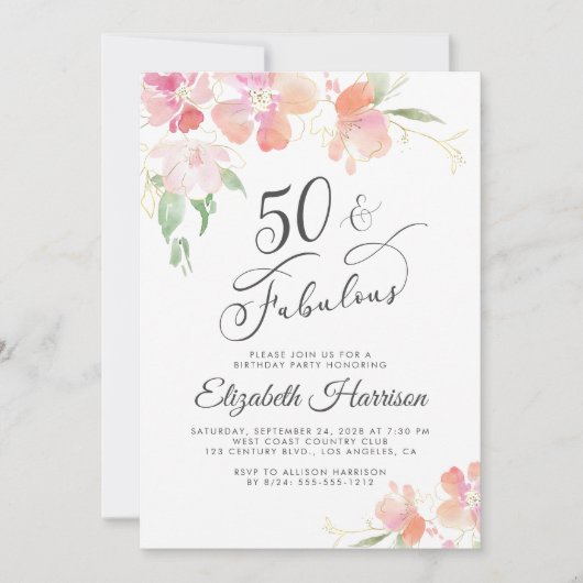 50素晴らしいピンクのフローラ水彩の誕生日パーティー 招待状 (正面)