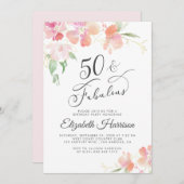 50素晴らしいピンクのフローラ水彩の誕生日パーティー 招待状 (正面/裏面)