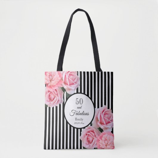 50素晴らしいピンクの花模様白黒ストライプ名 トートバッグ (正面)