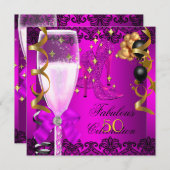 50素晴らしいピンクブラック金ゴールド50thシャンパンパーティー 招待状 (正面/裏面)