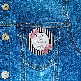 50素晴らしいピンクローズ白黒ストライプ 缶バッジ