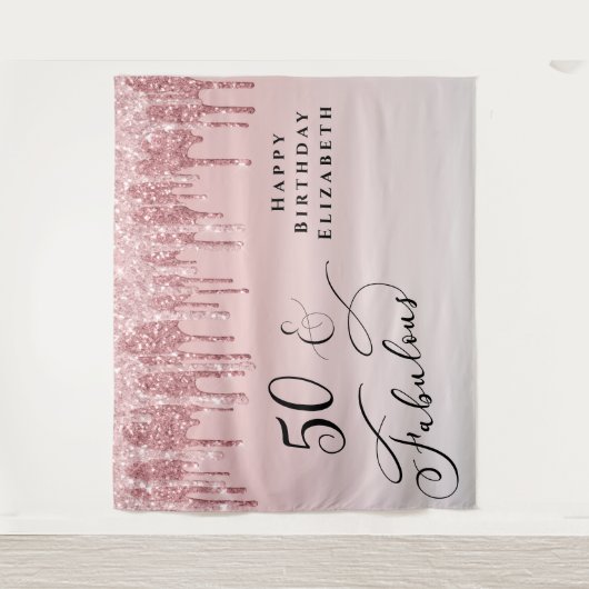 50素晴らしいピンクローズ金ゴールドグリッター誕生日パーティー タペストリー (正面)