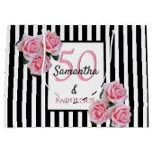 50素晴らしいピンク花模様白黒ストライプ ラージペーパーバッグ