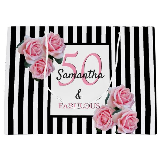 50素晴らしいピンク花模様白黒ストライプ ラージペーパーバッグ (正面)