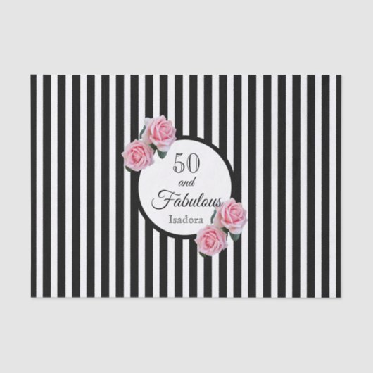 50素晴らしいピンク花模様白黒ストライプ 薄葉紙 (正面)