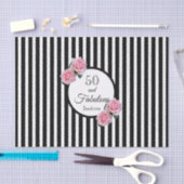 50素晴らしいピンク花模様白黒ストライプ 薄葉紙 (クラフト)