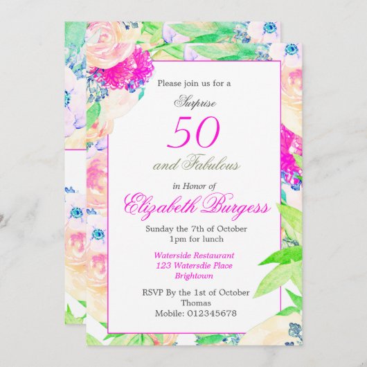 50素晴らしいフローラバラピンクシック誕生日 招待状 (正面/裏面)