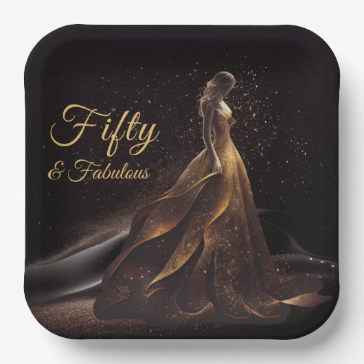 50素晴らしいブラック金ゴールドグリッタースパークル ペーパープレート (正面)
