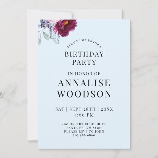 50素晴らしいブルーアガテフローラ誕生日パーティー 招待状 (裏面)