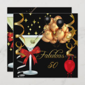 50素晴らしいレッド金ゴールドブラックマルティーニ誕生日パーティー 招待状 (正面/裏面)