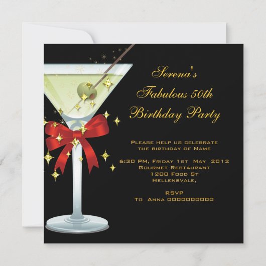 50素晴らしいレッド金ゴールドブラックマルティーニ誕生日パーティー 招待状 (裏面)