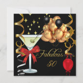 50素晴らしいレッド金ゴールドブラックマルティーニ誕生日パーティー 招待状 (正面)