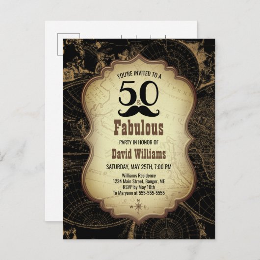 50素晴らしい口ひげヴィンテージマップ誕生日パーティー インビテーションポストカード (正面/裏面)