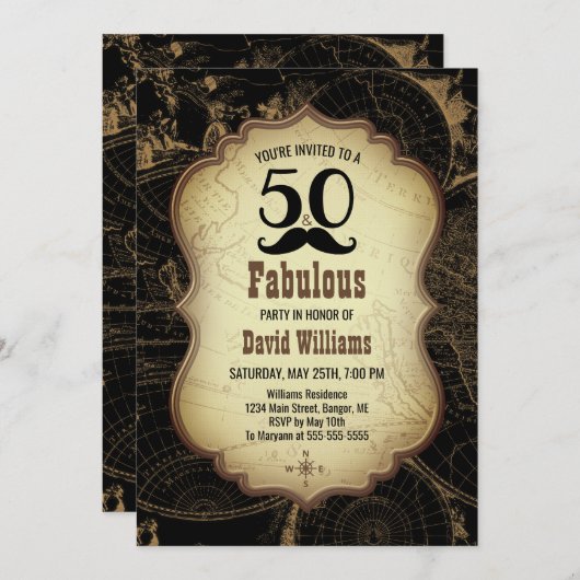 50素晴らしい口ひげヴィンテージマップ誕生日パーティー 招待状 (正面/裏面)