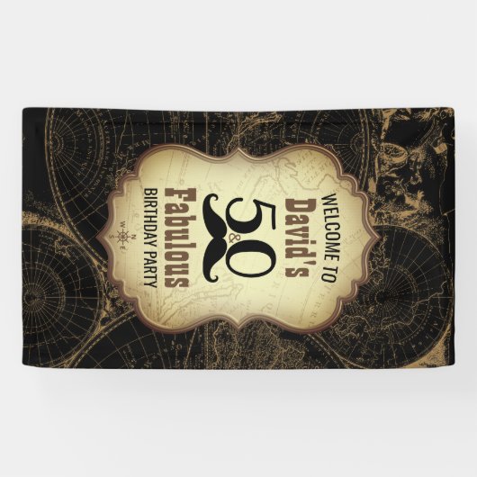 50素晴らしい口ひげヴィンテージマップ誕生日パーティー 横断幕 (横)